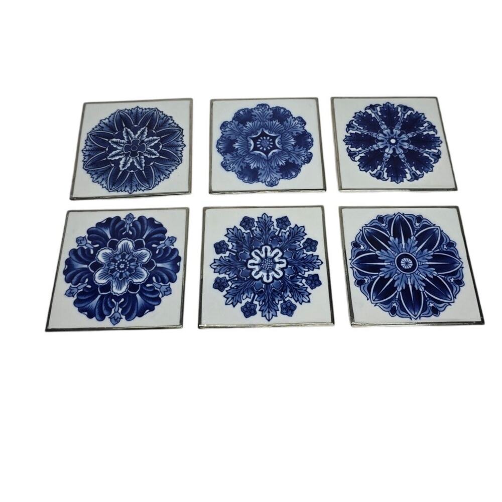 Bombay Blue White Ceramic Tile Coasters Set of 6 Floral Trivet Drink Coasters